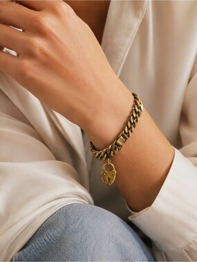 Stella & Dot Gold Chunky Chain Padlock Charm Bracelet Size 6.75